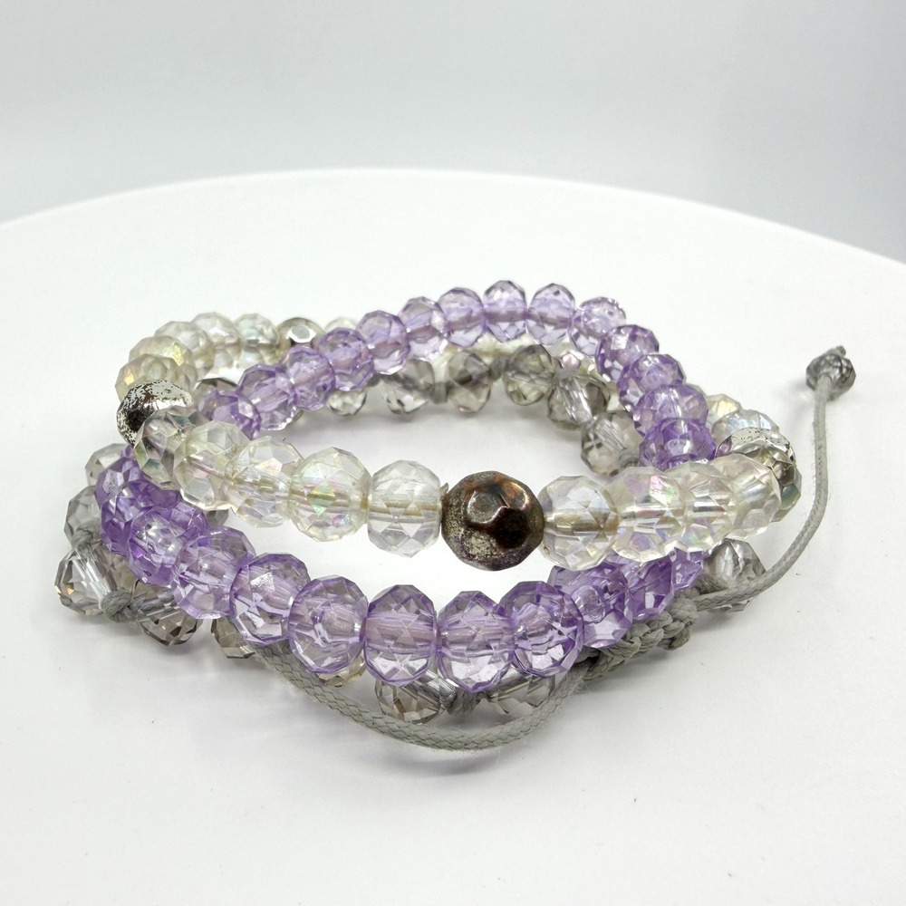 Set of 3 Purple & Iridescent Beaded Stretch Bracelets - Fashion Jewelry